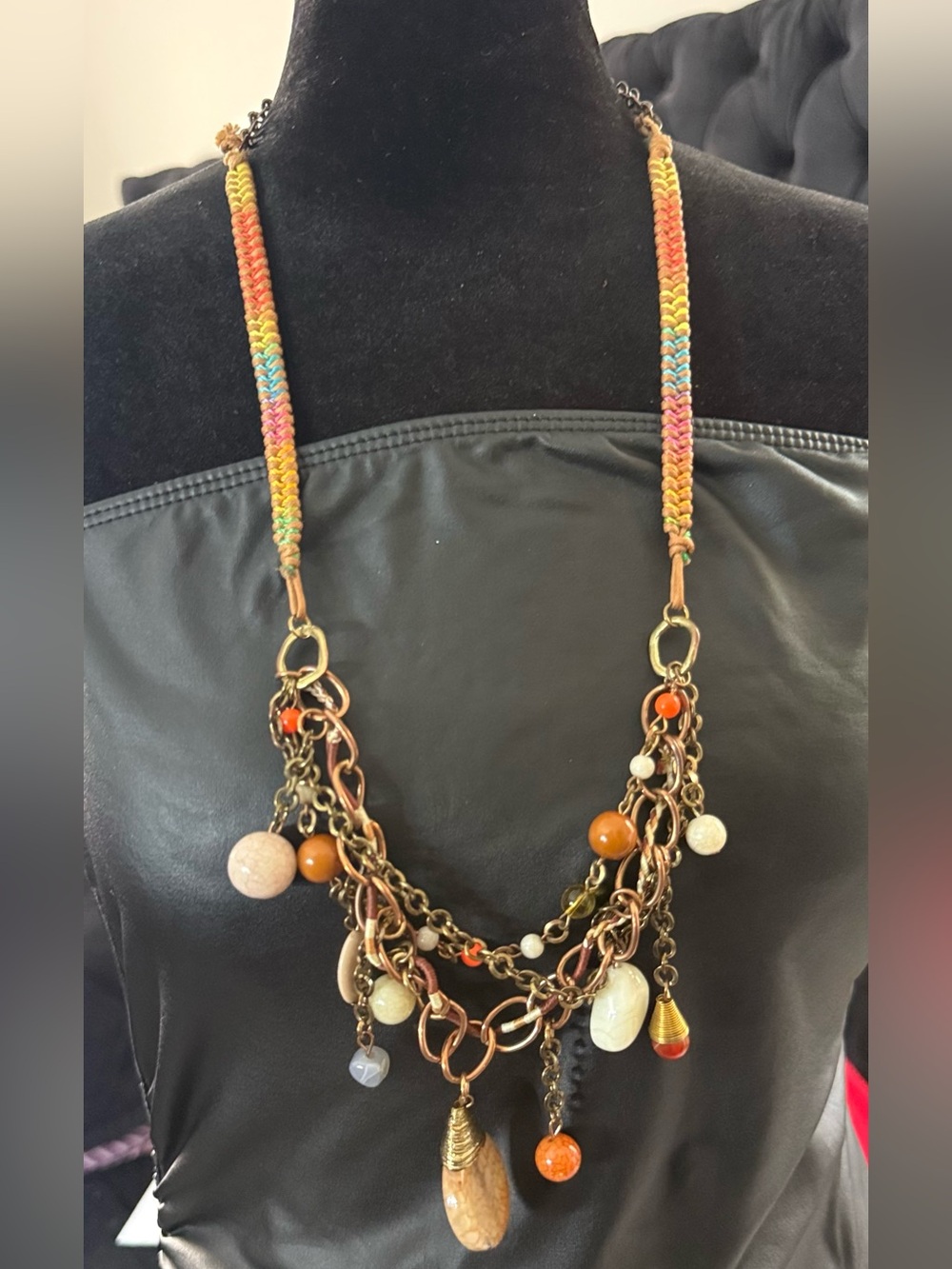 Artisan Boho Mixed Metal Lanyard  Stone Charm Necklace 34”